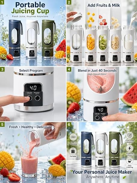 Portable juicer or blender with 12 blades | 1300 mah rechargeable battery| 3 speeds with range of 22000RPM | Fruit mixer or smoothie maker | Green color