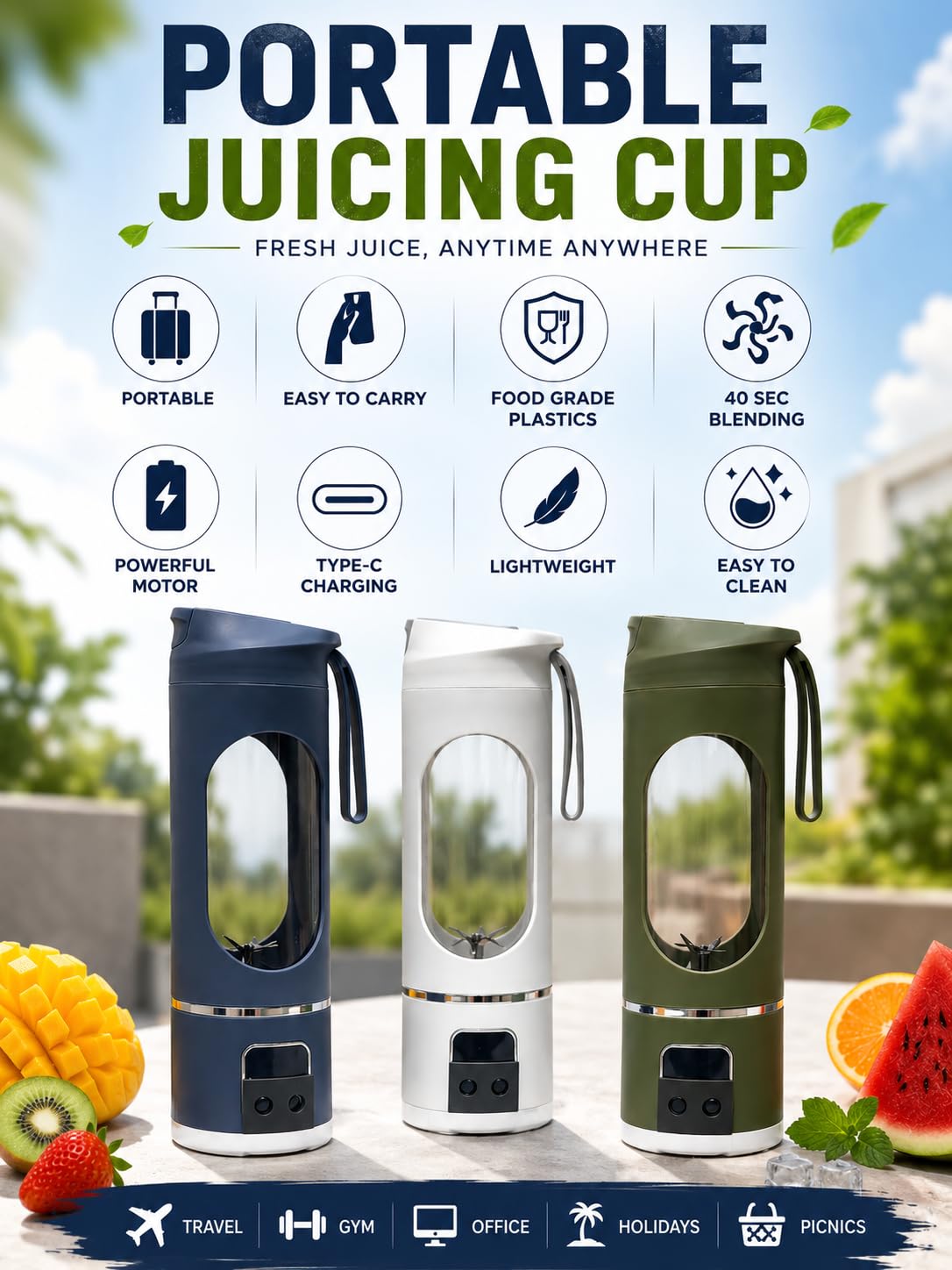 Portable juicer or blender with 12 blades | 1300 mah rechargeable battery| 3 speeds with range of 22000RPM | Fruit mixer or smoothie maker | Green color